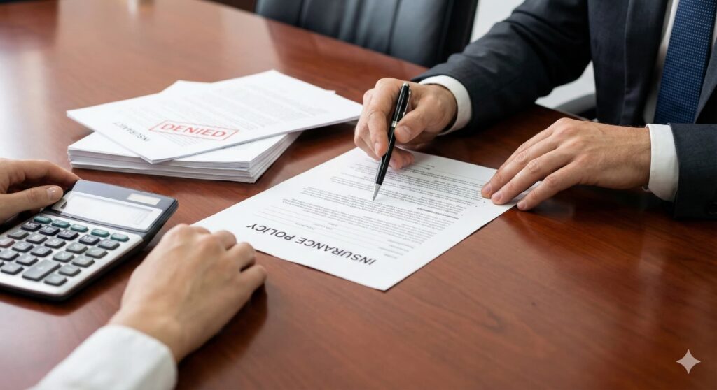Close-up of hands reviewing an "INSURANCE POLICY" document with a pen, while a stack of papers with a red "DENIED" stamp and a calculator sit on a wooden conference table.